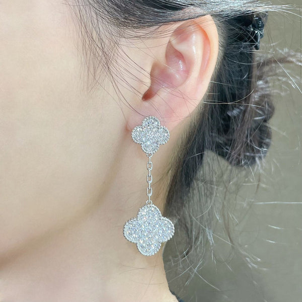 ˇMagic JewelryˇCLOVER 2 MOTIFS DIAMOND PAVED SILVER EARRINGS