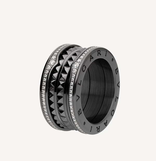 <MAGIC>ZERO 1 ROCK FOUR-BAND BLACK CERAMIC WITH STUDDED SPIRAL AND PAVED DIAMONDS RING