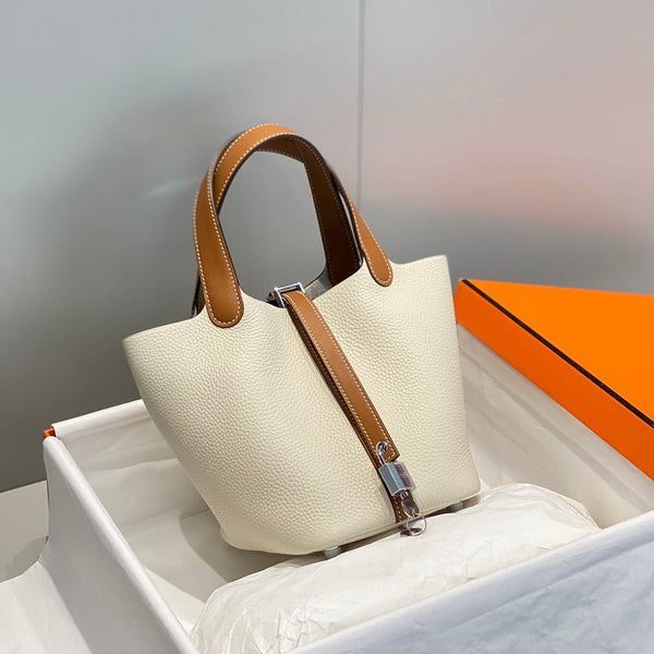 HERMES 25S PICOTIN LOCK 18 IN BURNT ORANGE AND IVORY CALFSKIN SILVER HARDWARE