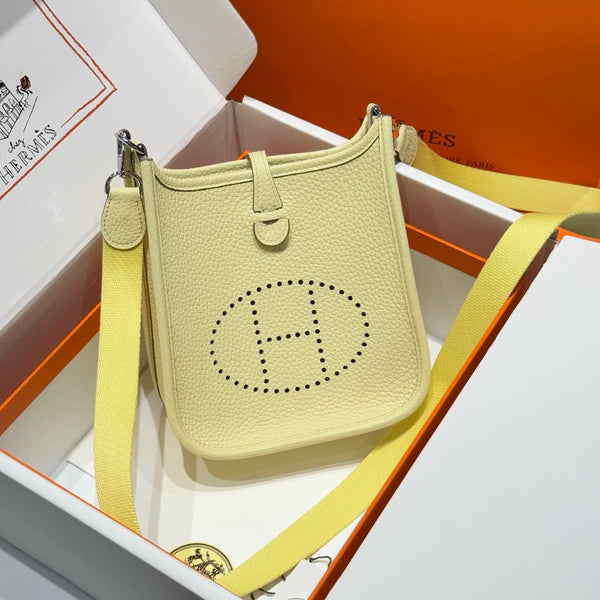 HERMES 25S MINI EVELYNE 18 IN MILTON YELLOW PATTERNED STRAP CALFSKIN SILVER HARDWARE
