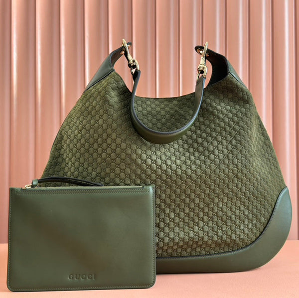 B LARGE SHOULDER BAG 49 IN ARMY GREEN GG EMBOSSED SUEDE