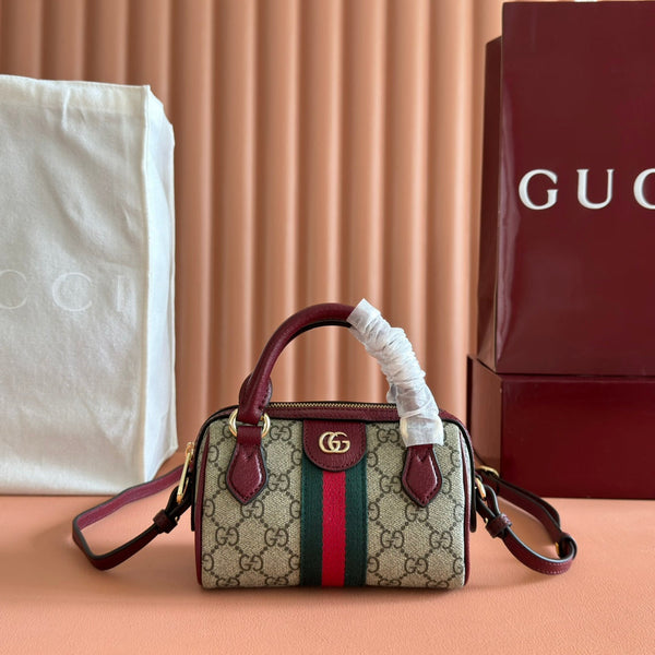 GUCCI 25S OPHIDIA MINI BOSTON BAG 16 IN BEIGE CANVAS AND ROSSO ANCORA CALFSKIN