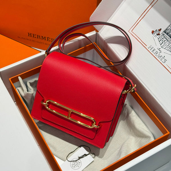 HM ROULIS 18 MINI BAG IN CARDINAL RED CALFSKIN GOLD-TONE HARDWARE